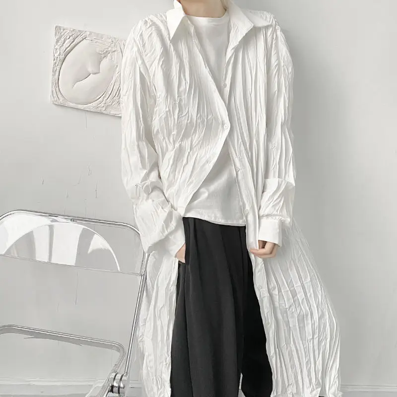 

ZCSMLL Niche Design Men's Wrinkled Oversize Long Shirt Fashion Japan Streetwear New Black White Causal Sunscreen Clothing