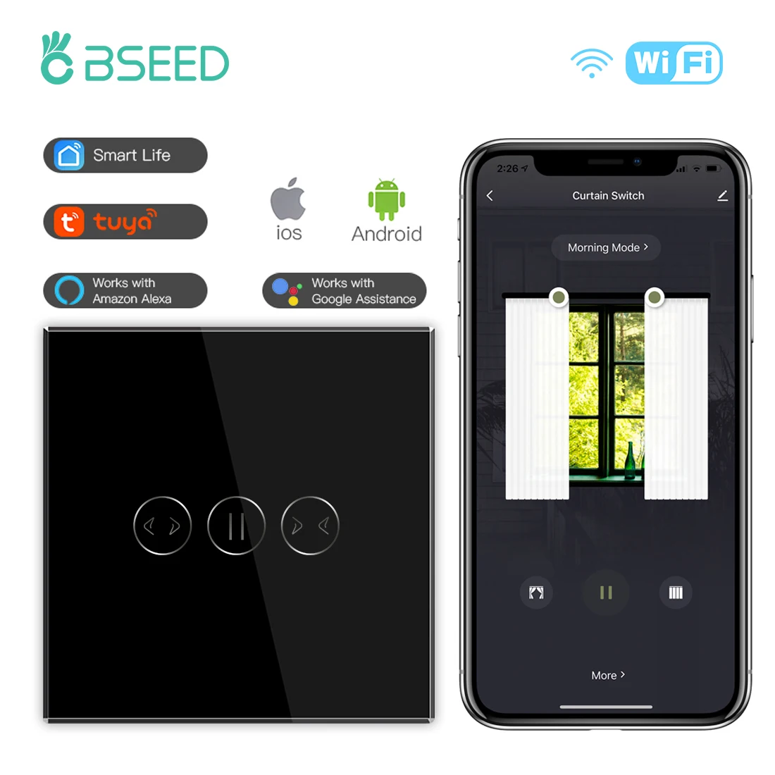 

Беспроводной Wi-Fi переключатель BSEED, шторы с одним умным сенсорным выключателем, глухой переключатель с поддержкой приложения Tuya Google Assistant Smart Life