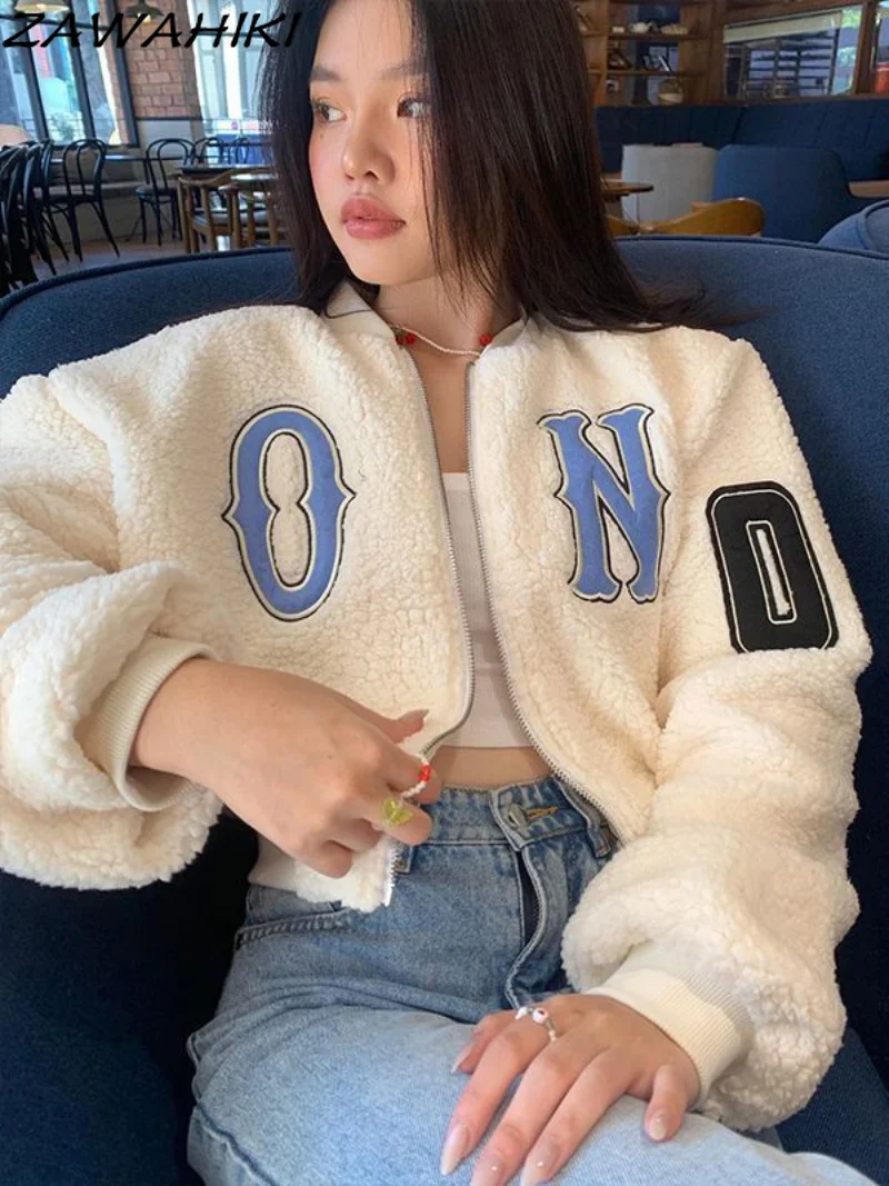 

High Street Warm & Fluffy Cropped Zip-up Coats Autumn Winter Jackets for Women Fashion Letter Embroidery Bomber Jacket Women