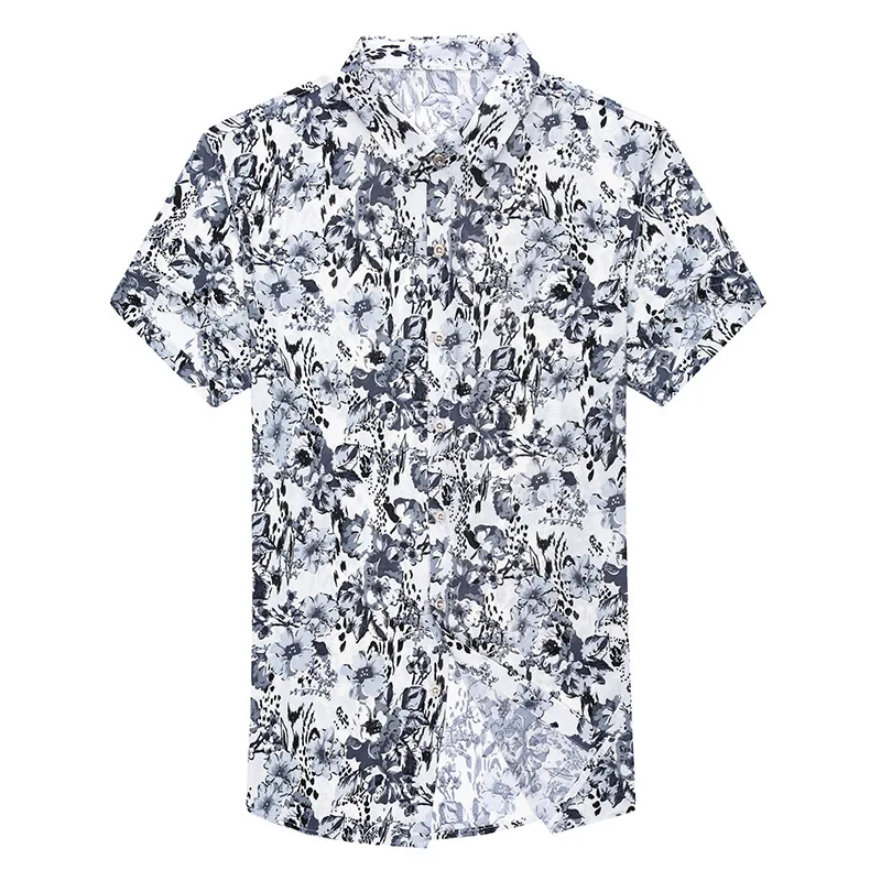 Summer Middle-aged Men's Clothing Ice Silk Short-sleeved Printed Shirts Business Casual Jacquard Shirt Men  4XL E38