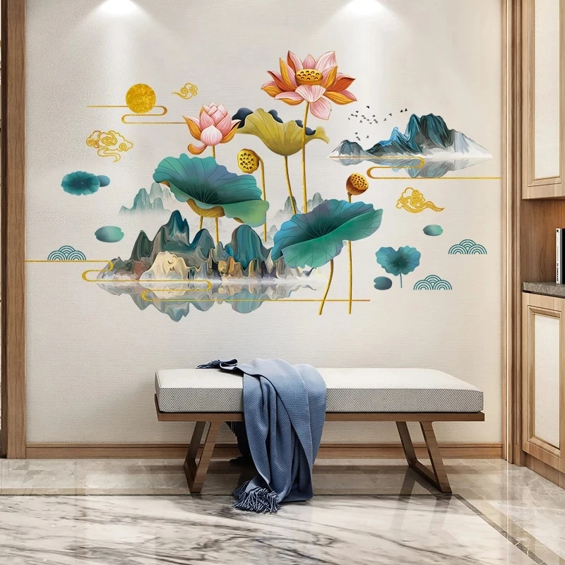 2022 New Chinese Style Landscape Wall Sticker Flower Ginkgo Home Office Decor Art Vinyl Decal Living Room Wallpaper | Дом и сад