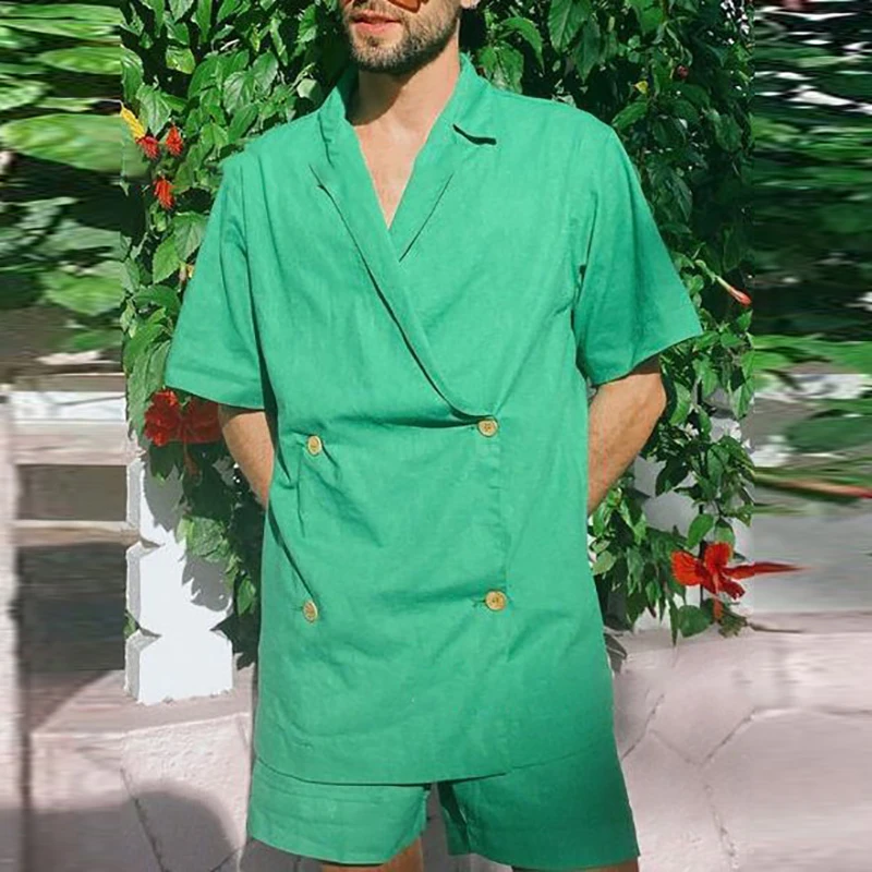 

Casual Two Piece Set Men Summer Vintage Buttoned Wrap Lapel Shirts And Shorts Suit For Mens Solid Outfits Fashion Man Clothing