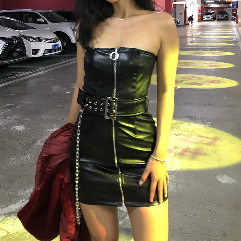 

Sexy Black Tight Dress Women's Fashion Party Nightclub Ladies Summer Dress with Belt Metal Chain Pencil Mini Dress