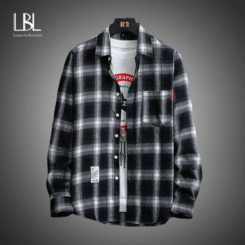 

Men Casual Plaid Shirt Spring Autumn Casual Korean Harajuku Shirts Male Oversized Loose Outwear Long Sleeve Streetwear Blouses