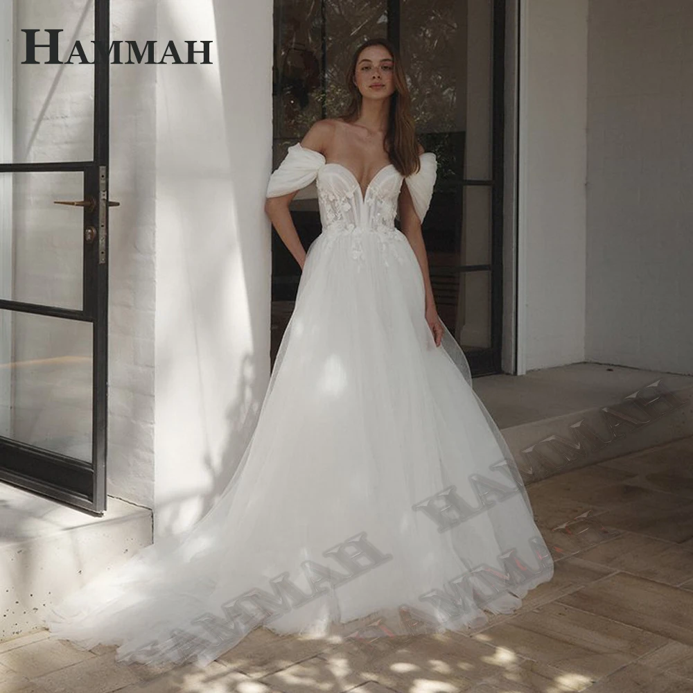 

HAMMAH V Neck Appliques Wedding Dresses For Mariages Charming Tulle Off The Shoulder Fairytale A Line Zipper Bride Gowns