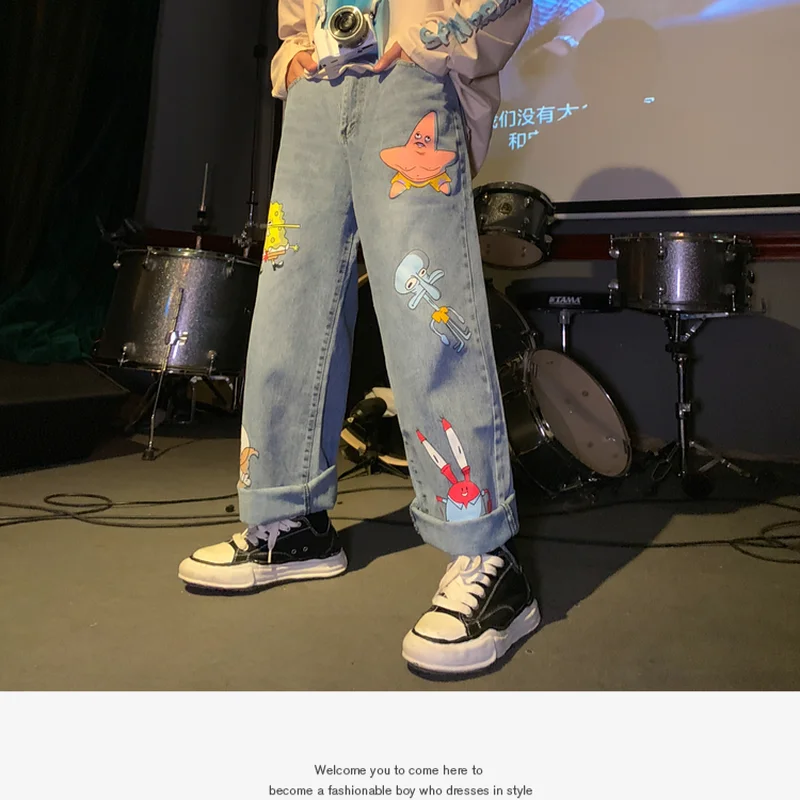 Fashion Cartoon Printed Jeans Men and Women Straight Loose Autumn Korean Style Pants Street Hip-hop Handsome Nine-point Pants