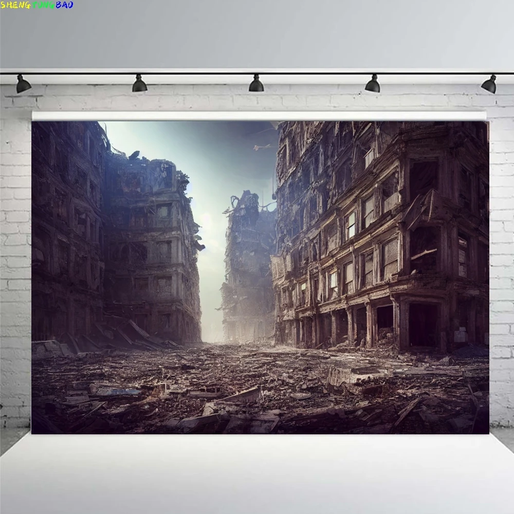 Фото Ряженный городской фон Doomsday, катастрофа, пейзаж, горящее здание, уличный автомобиль, дым, фотофон, реквизит для студийной съемки №4