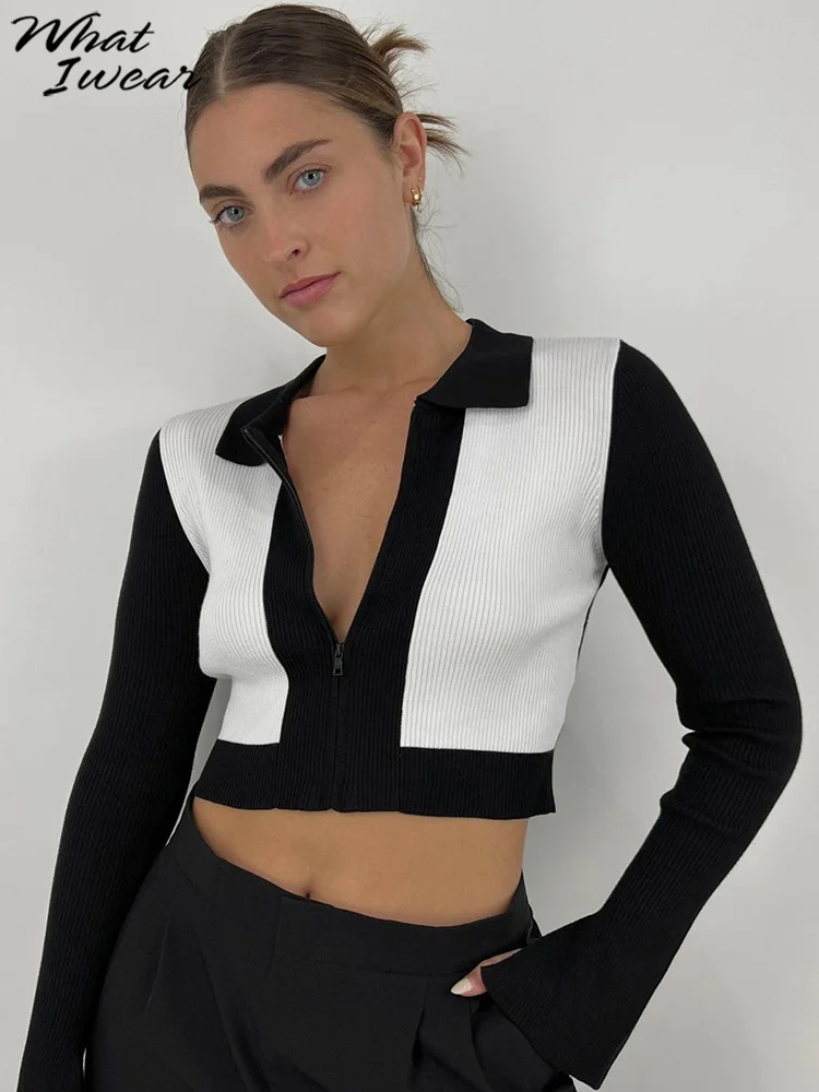 

Whatiwear Классическая черно-белая женская одежда в стиле пэчворк блузка на молнии с короткими лацканами модная простая и универсальная Удобна...