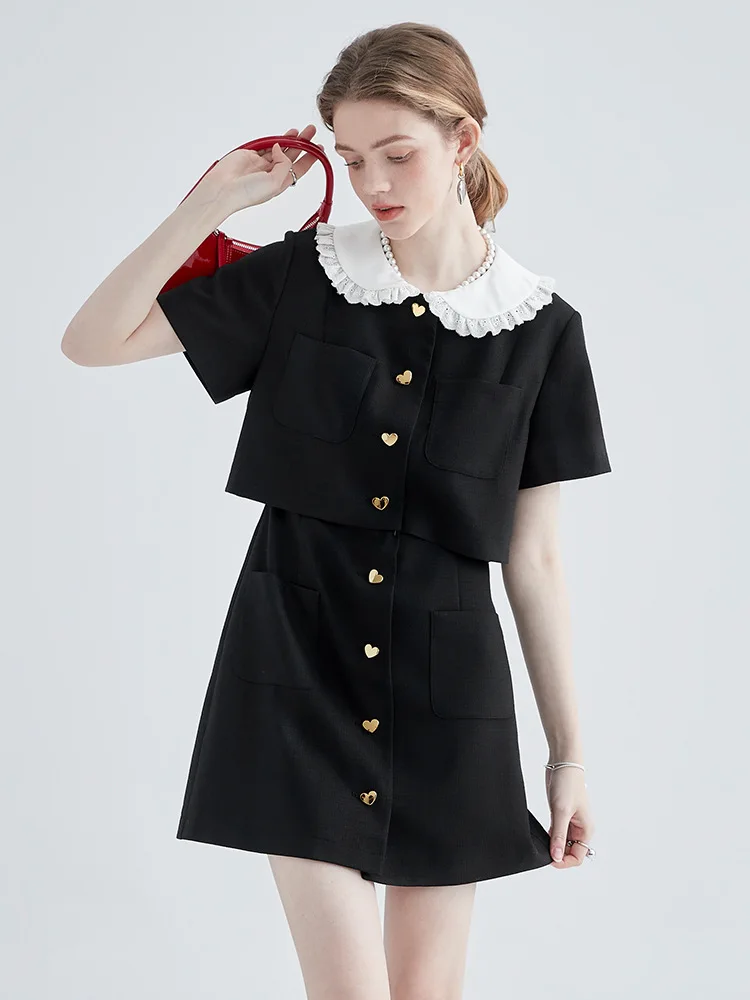 

Женское мини-платье-рубашка с коротким рукавом, черное элегантное винтажное платье-рубашка в Корейском стиле с воротником «Питер Пэн», лето...