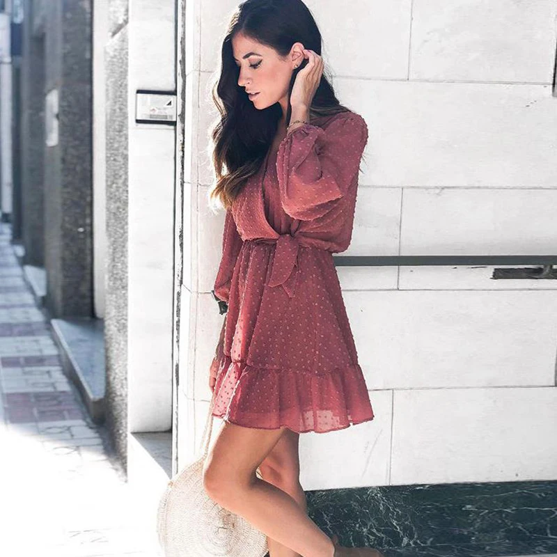 2022 New Spring Autumn Lantern Long Sleeve Chiffon Sashes Mini Short Dress for Women Party Club Sexy V-neck Pleated Dresses Pink
