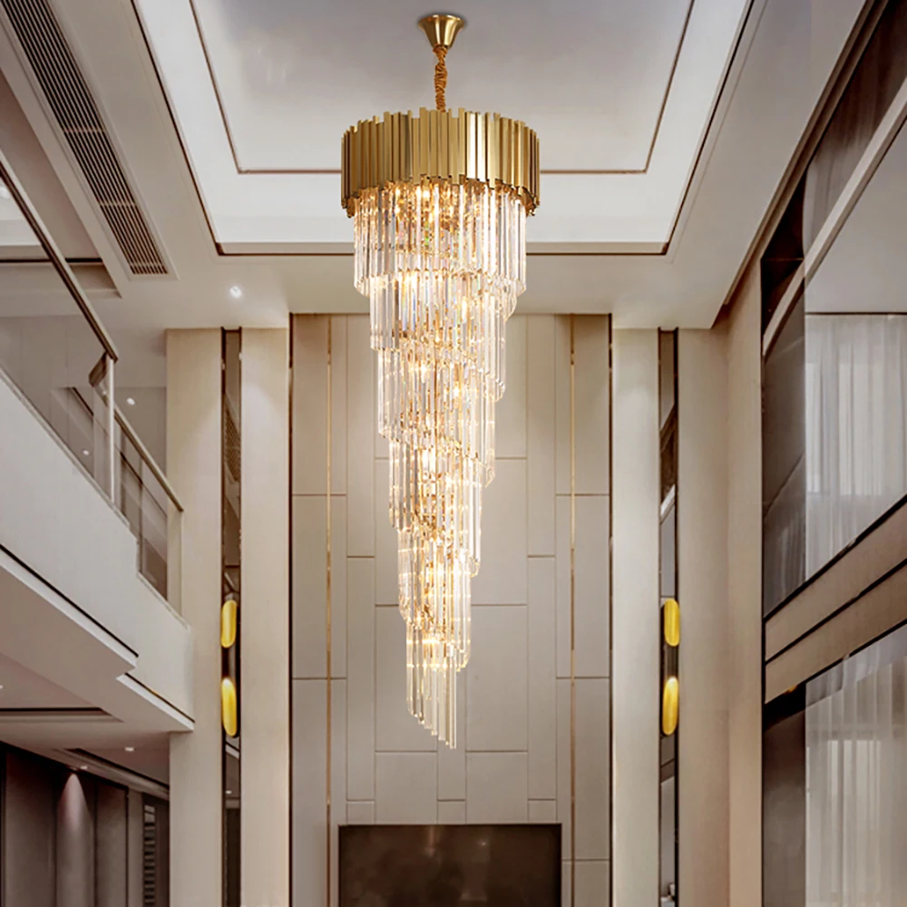 

Long modern crystal chandelier for staircase Luxury living room decor gold crystal lamp large villa lobby hall light fixture