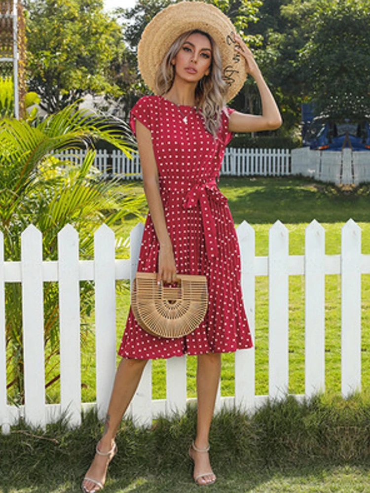 Плиссированные платья без рукавов для женщин в горошек с высокой талией средней