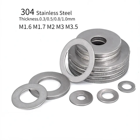10/20/50/100pcs 304 Stainless Steel Flat Washers Plain Gasket Pad RingThickness.0.3/0.5/0.8/1.0mm M1.6 M1.7 M2 M3 M3.5