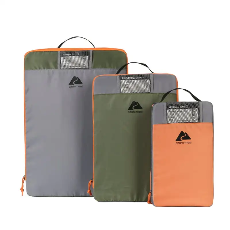 

of 3 Camping Organizer Cubes, Sizes, Orange, Grey, & Green