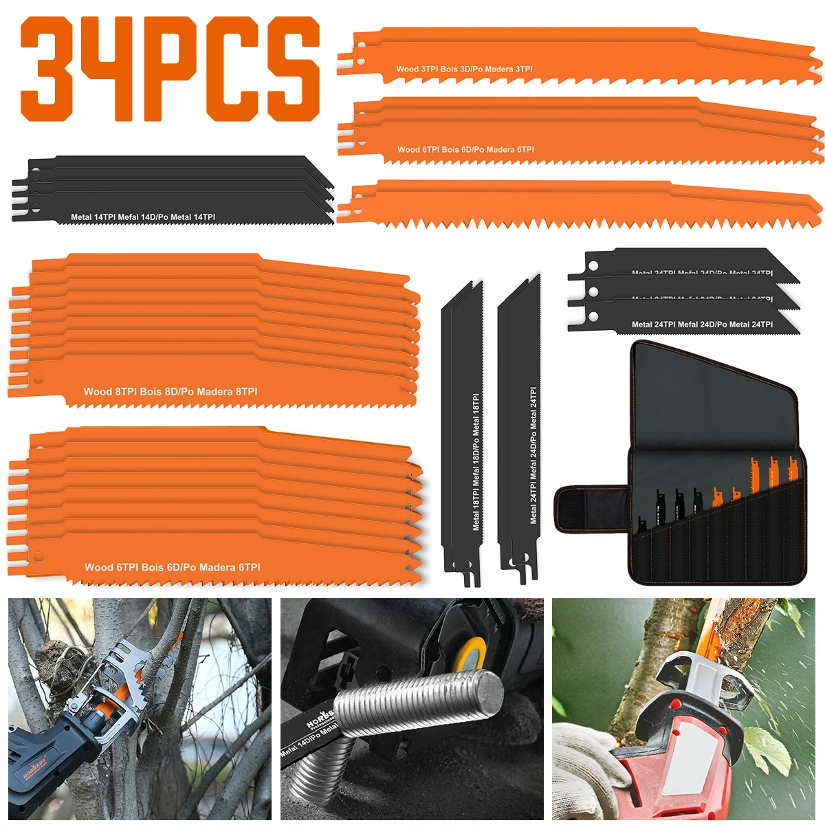 34Pcs Reciprocating Saw Blade Jigsaw Blade Premium Saw Blades Wood Pruning  For Wood Metal PVC Pipe Plastic Cutting Suit