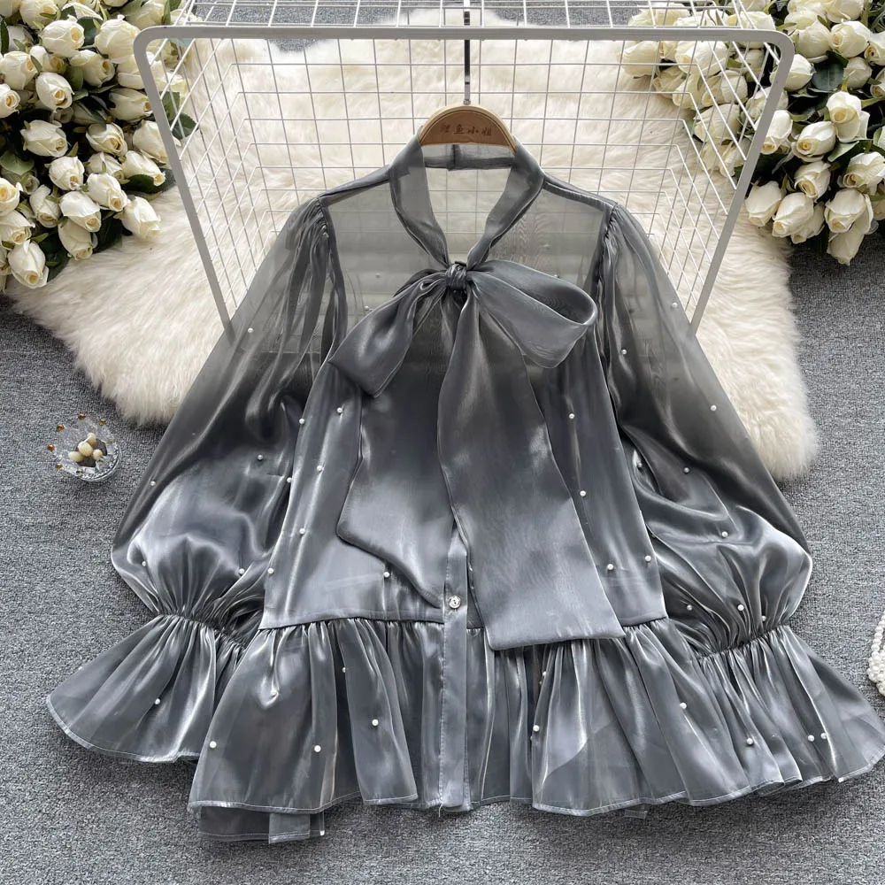 

Autumn Blusas Feminino Beading Organza Shirt Women's Chic Flare Long Sleeve Single-Breasted Lace-Up Bow Loose Blouses Tops