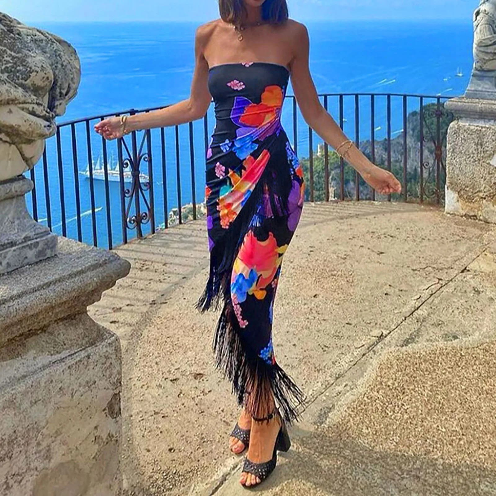 

Women's Fashion Sexy Wrap Bust One Shoulder Printed Fringe Slim Dress Dinner Formal Dress