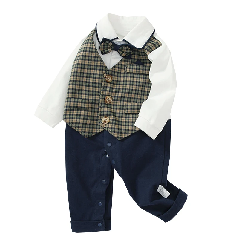 

Boys Fake 3PCS Design Bodysuit Plaid Vest with Solid Pants Infant Patchwork Romper Baby Spring & Autumn Long Sleeve Birthday Set