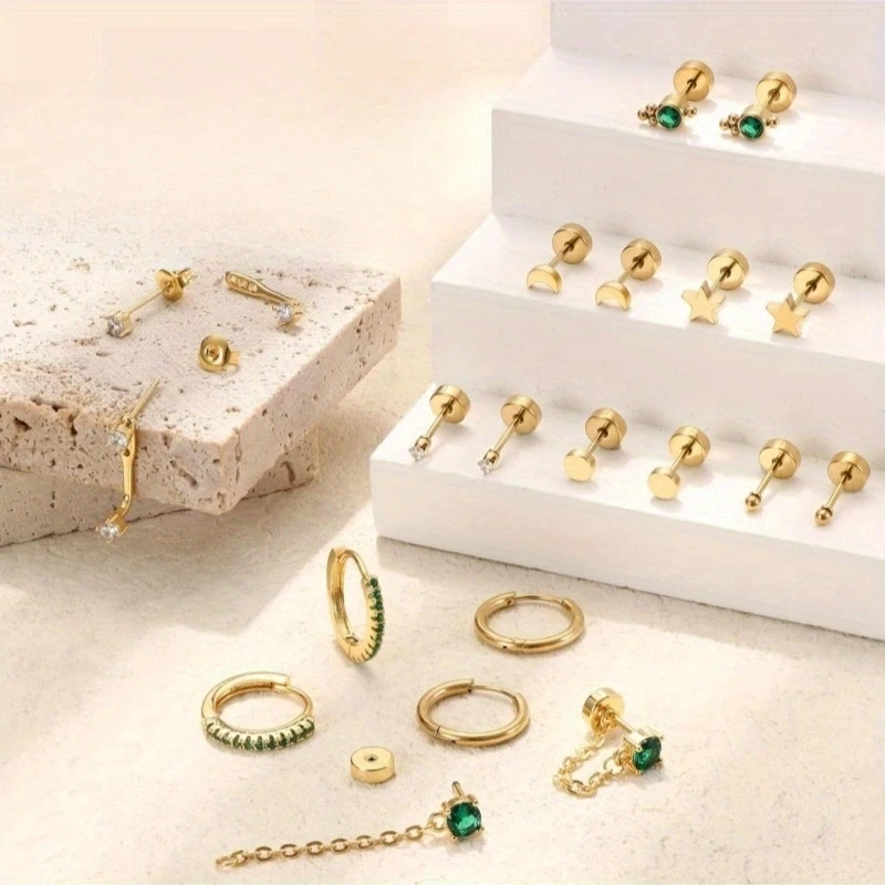 20 шт. нежные удобные серьги из нержавеющей стали с зеленым драгоценным камнем и