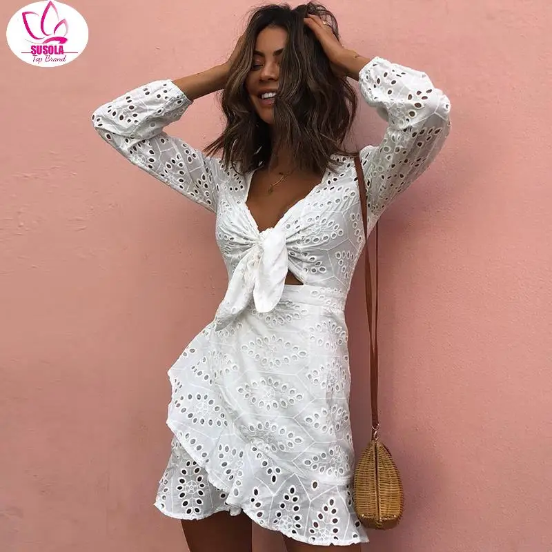 

Vintage White Embroidery Short Dress Womne 2022 New Casual Holiday Hollow Out V Neck Lace Up Female Dress Vestidos