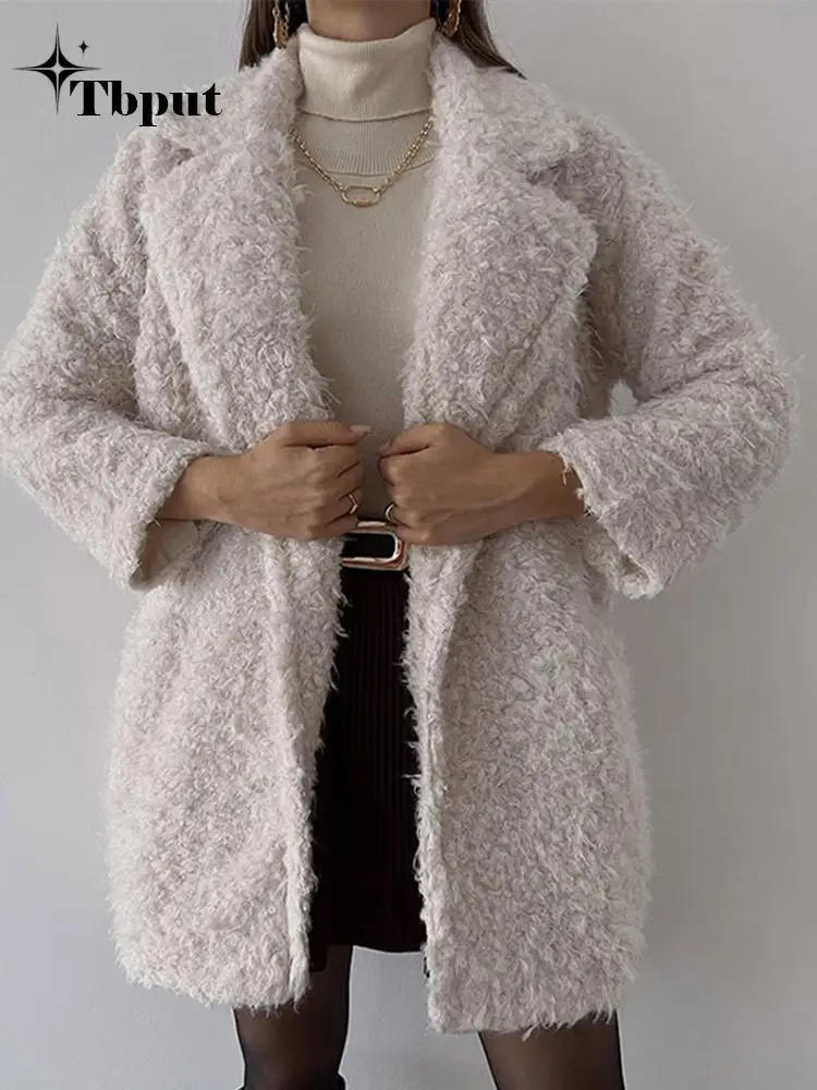 

Solid Lapel Plush Coat Cardigan Women Loose Lamb Wool Long Overcoats 2022 Autumn Winter Elegant Lady Thick Warm Jackets