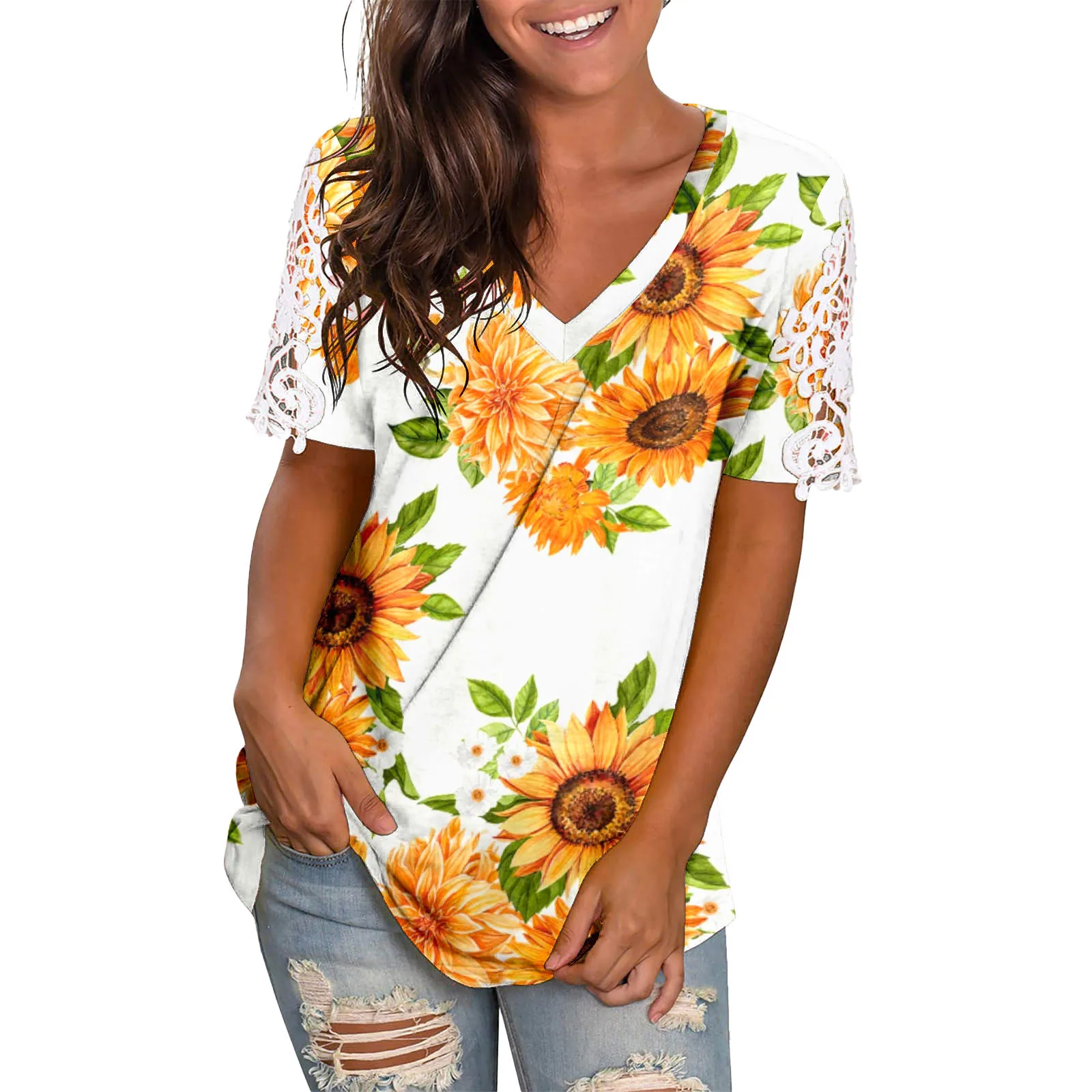 

flower printing Women Hollow Out Fashion Printing Short Sleeves V Neck summer T Shirt blusas Tops female Casual shirt Pullover
