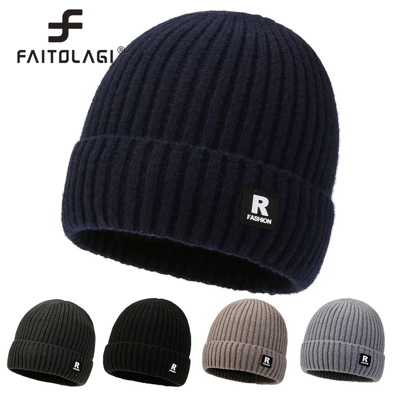 

R Letter Skullies Beanies Men Winter Warm Thick Velvet Wool Knitted Hat Male Brimless Fur Bonnet Outdoor Ski Cap Casquette gorra