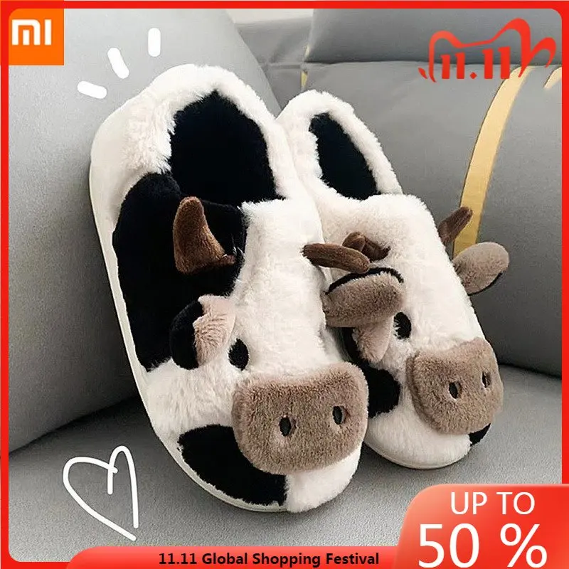 

Xiaomi Cute Animal Slipper for Women Girls Kawaii Fluffy Winter Warm Upgrate Slippers Woman Cartoon Milk Cow House Slipper Shoes