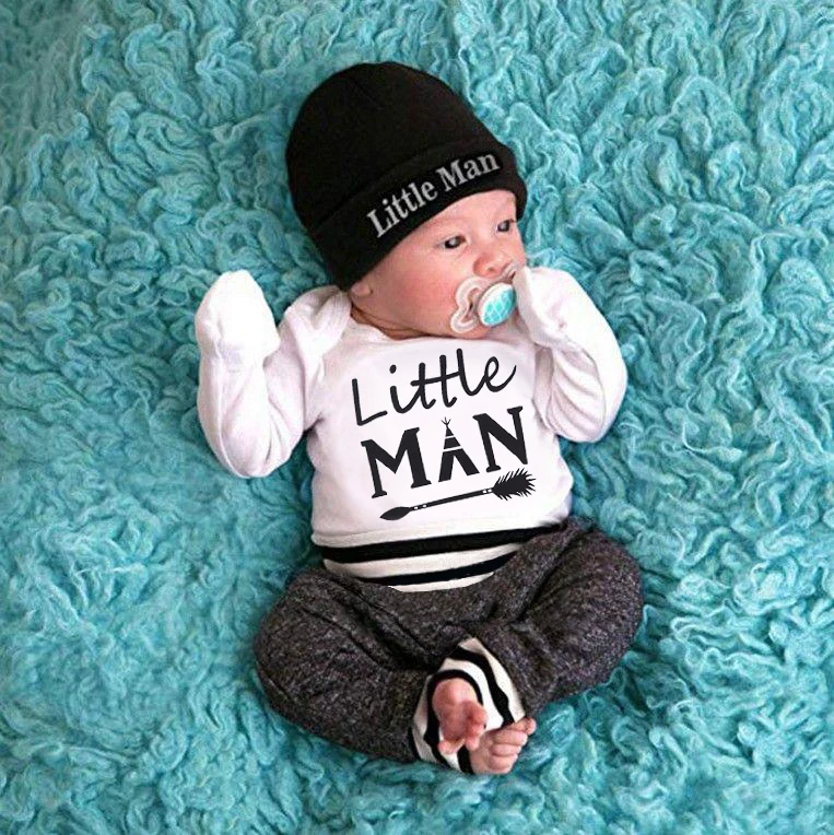 

0-18Months Newborn Infant Baby Boy Clothes Cotton Sets Long Sleeve Romper Pant Hats Outfit 3Pcs Baby Warm Clothing