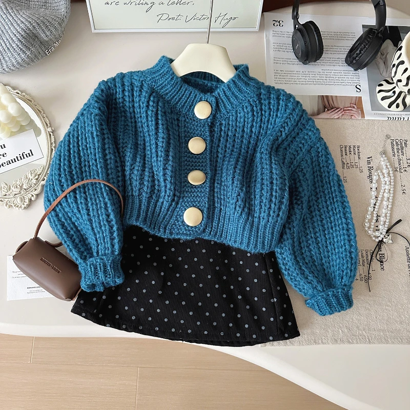 Костюм для девочек осень 2024 новый ретро-свитер с фонариками пальто + версия юбки