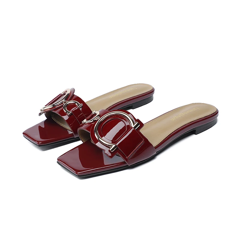 New flat bottom square leather slippers Cow leather upper Sheepskin inner fashionable metal button comfortable women's slippers