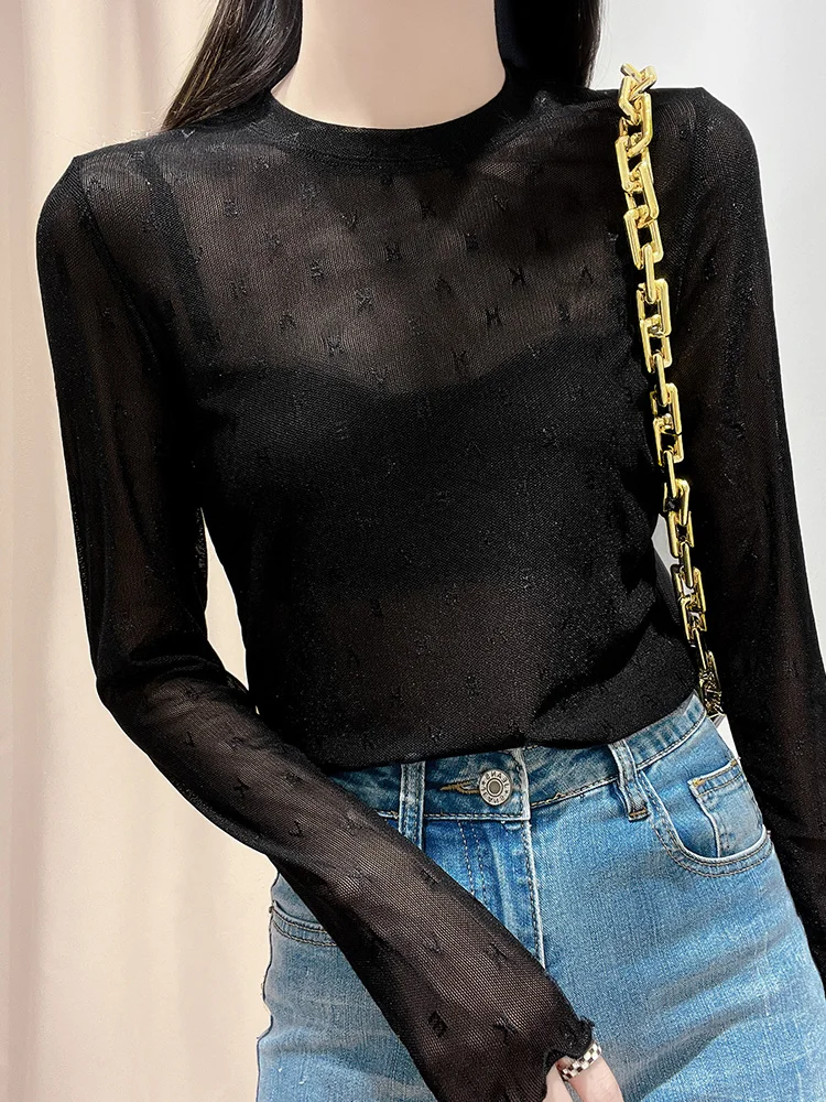 2023 Summer Women Golf Sunscreen with long sleeves and ultra-thin ice silk bottoming shirt and round neck turtleneck top