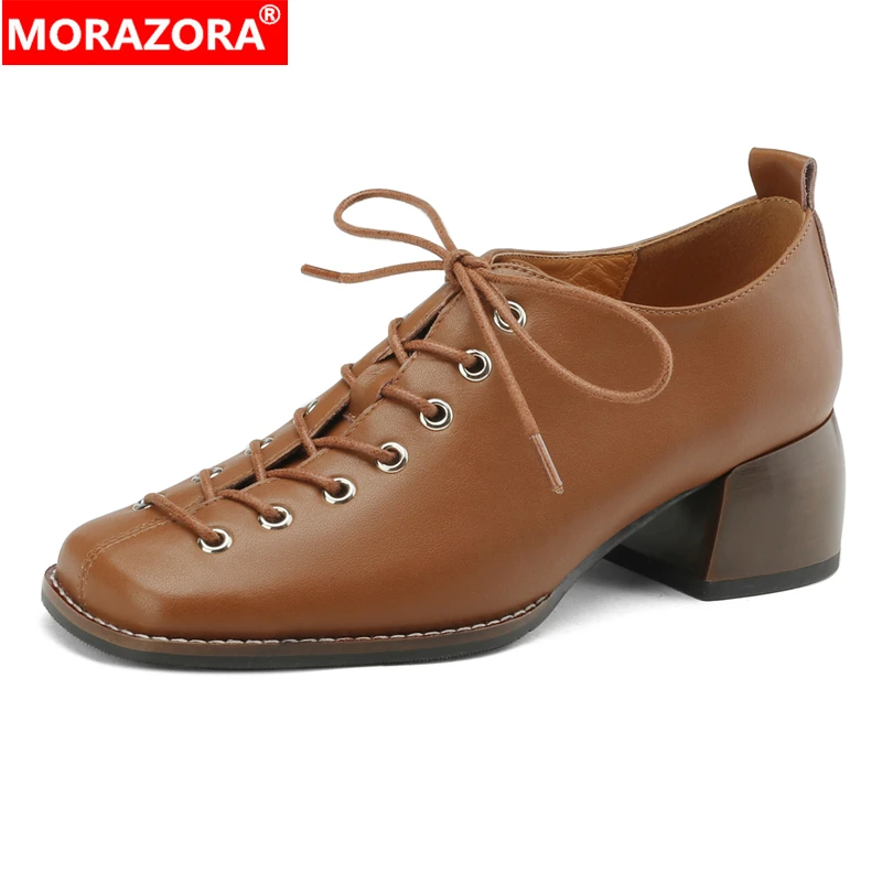 

Женские туфли из коровьей кожи MORAZORA, черные или коричневые офисные классические туфли из коровьей кожи, на шнуровке, размер 33-42, лето 2019