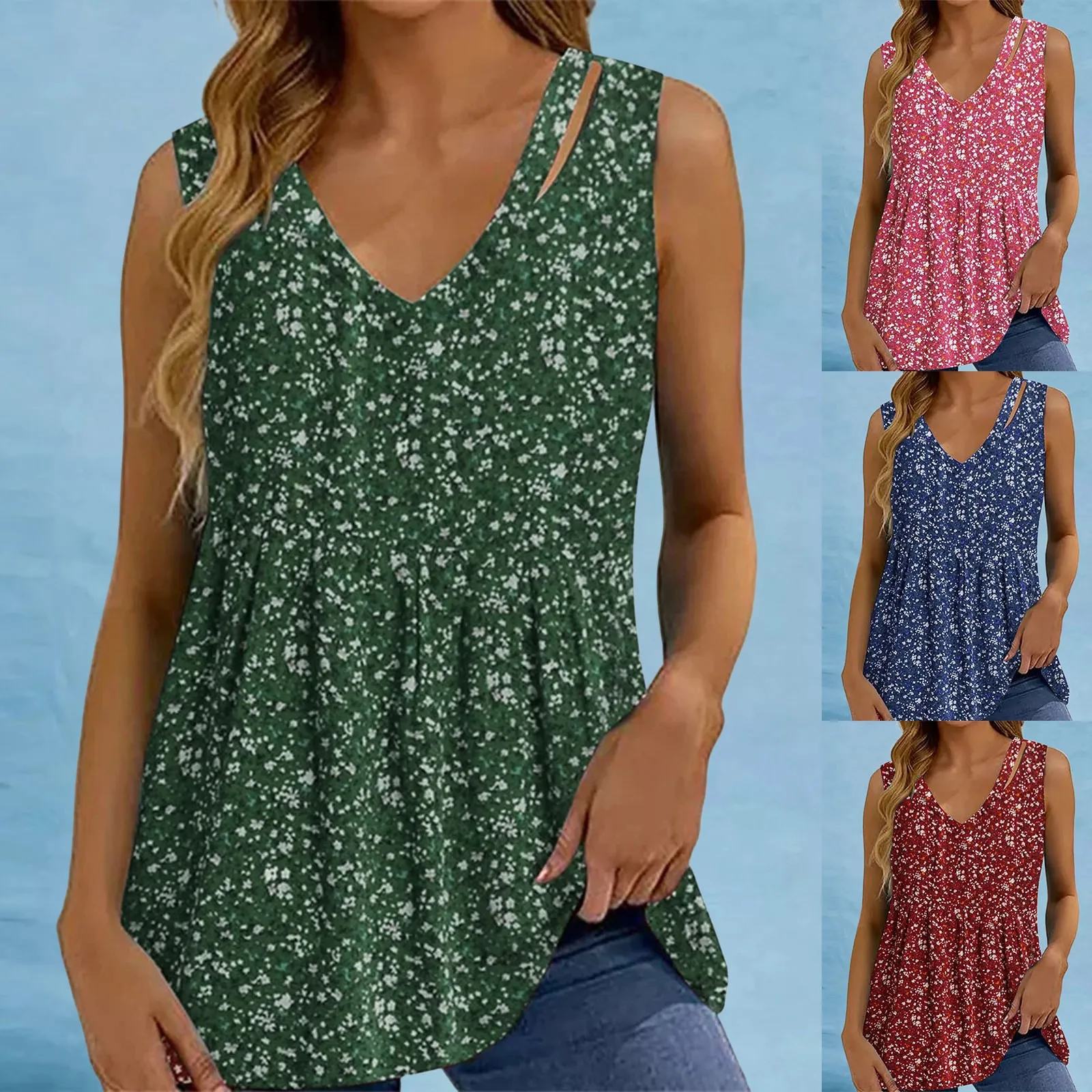 

Women Tank Top Summer Ditsy Floral Printe Cami Tee Vest Boho O Neck Sleeveless Female Top Ruffles Large Size Loose Camisole