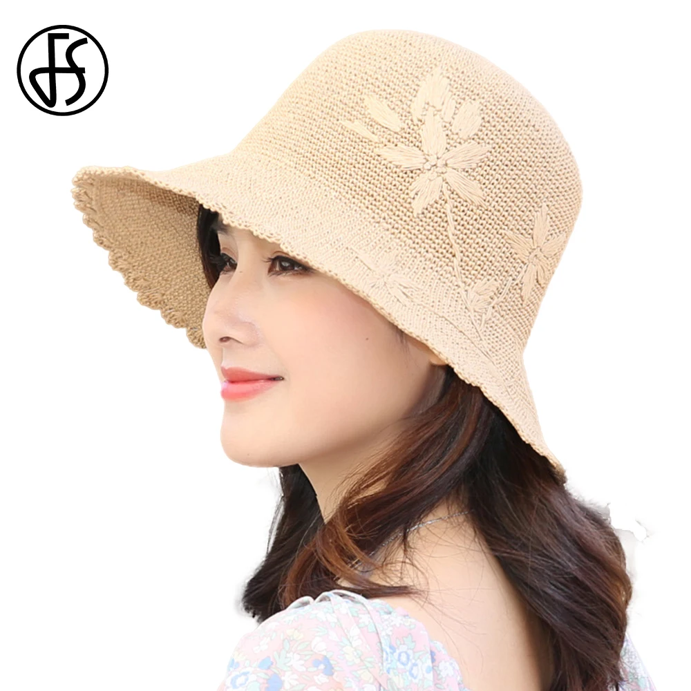 

Женская соломенная шляпа FS, складная пляжная шляпа от солнца, с цветами, для отдыха и путешествий, летняя, 2019