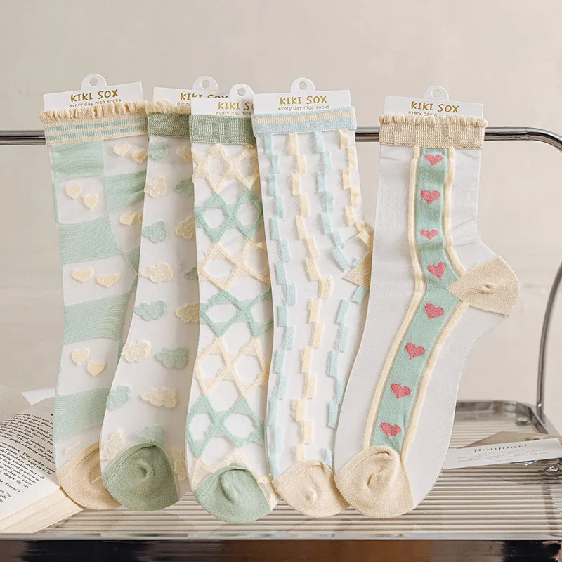 

Sexy Lace Mesh Crystal Silk Socks Summer Ultra-thin Transparent Woman Socks Lolita Girl Japanese Kawaii Cute Frilly Ruffle Socks