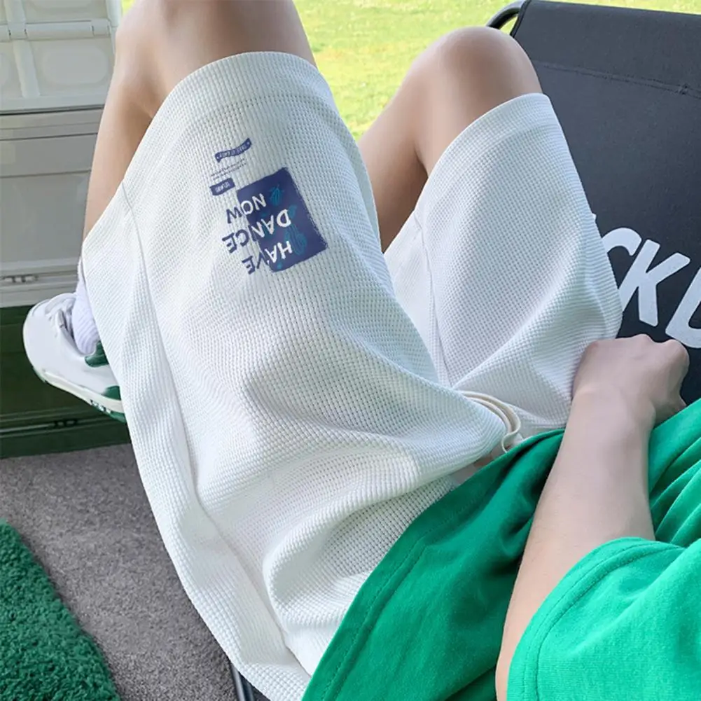 

Summer Sport Shorts Wide Leg Waffle Texture Fitness Shorts Summer Streetwear with Elastic Waistband Letter Print for Sports