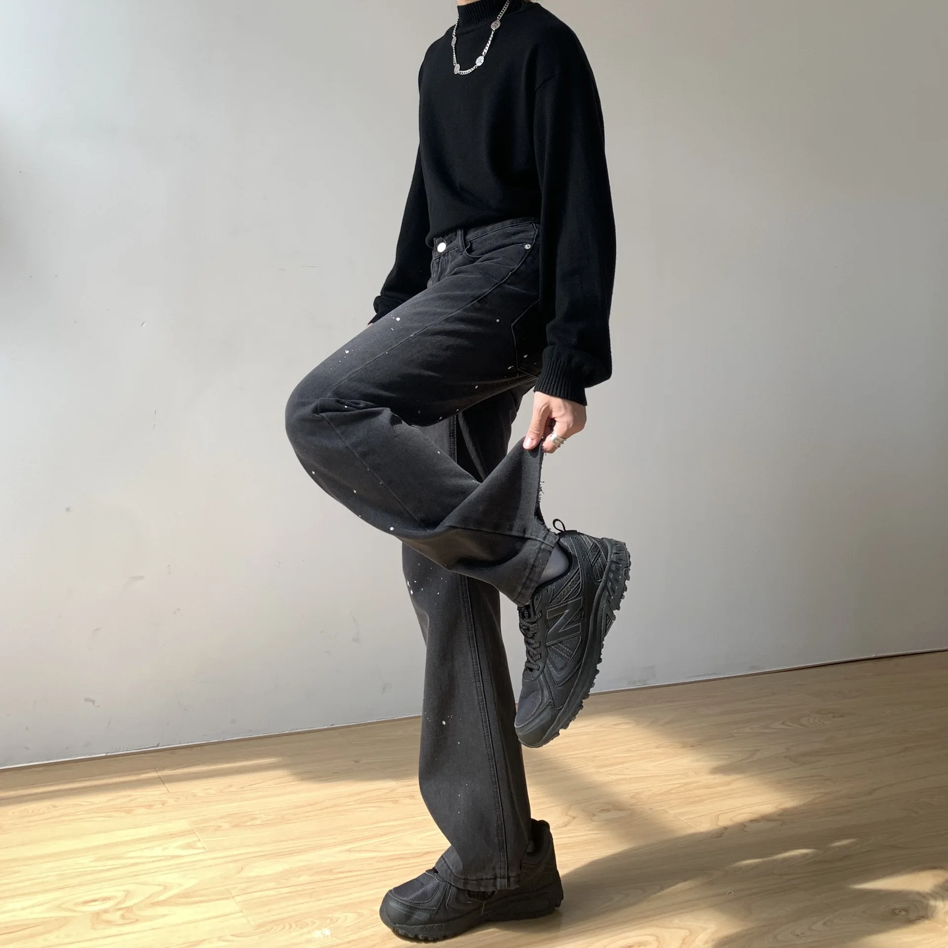 Retro Washed Korean Wave Men's Jeans Splash Ink Loose Straight Pants Trend Casual Versatile High Street Pants Jeans Y2k Jeans