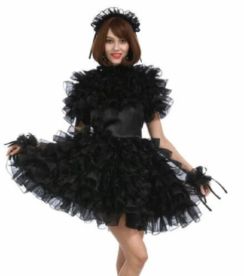Милое пушистое платье из черной атласной органзы для косплея |