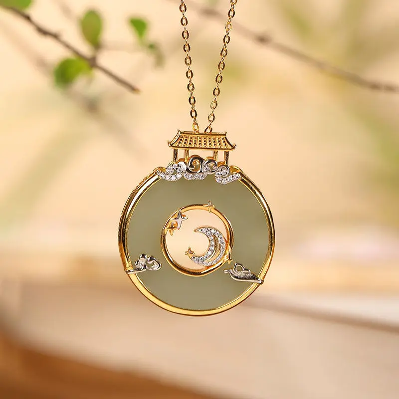 Natural Hetian Jade Jasper Inlaid Crystal Shining Palace Pendant Necklace Exquisite Light Luxury Classical Ladies Jewelry