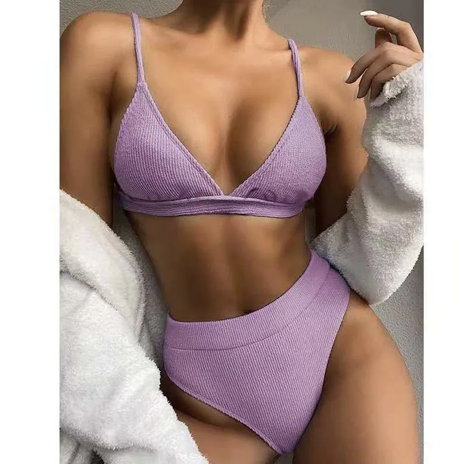 

TYAKKVE 2023 Push Up Swimwear Fashion Solid Swimsuit Ribbed Sexy Bikini Woman Bathing Suit High Waist Split Beach Wear Summer