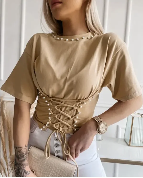 

Elegant Top Women Khaki Beaded Lace-Up Tee Short Sleeve 2022 Summer Fashion New O Neck Slim Solid Office Lady Tops