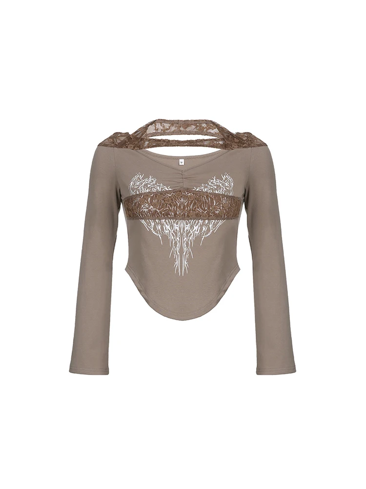 

Кружевная Лоскутная Женская Асимметричная короткая футболка с завязками и V-образным вырезом, укороченная футболка, Женская винтажная одежда в стиле ретро Y2K 2000s