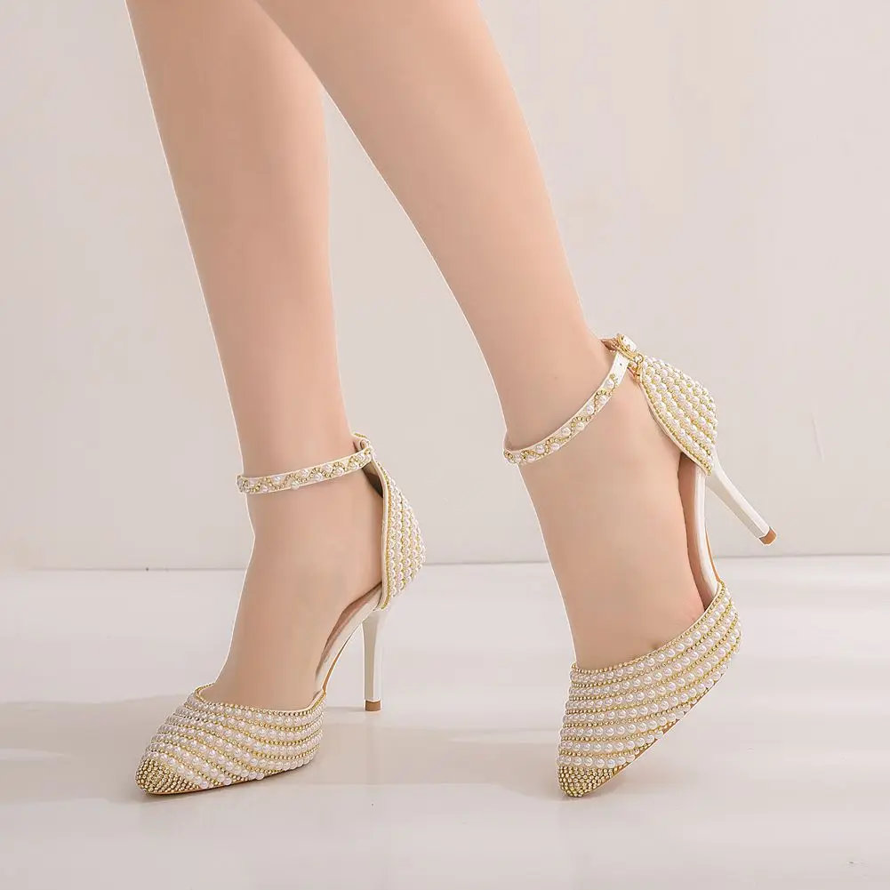 

Sorbern Women Beads Pumps Shoes Rhinestones High Heels Party Pumps Shoes Buckle Straps Pointed Toe Real Image Pump