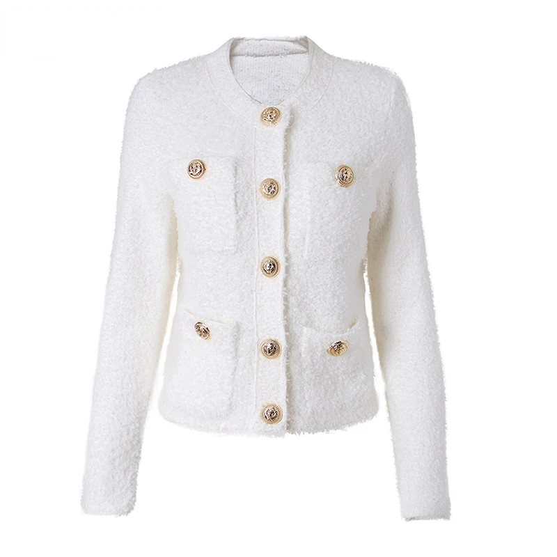 

Blazer Jacket Women 2022 New Office Fashion Solid Winter Tweed O-neck Pockets Gold Buttons Fit Lady Outwear Coats Short Jacket