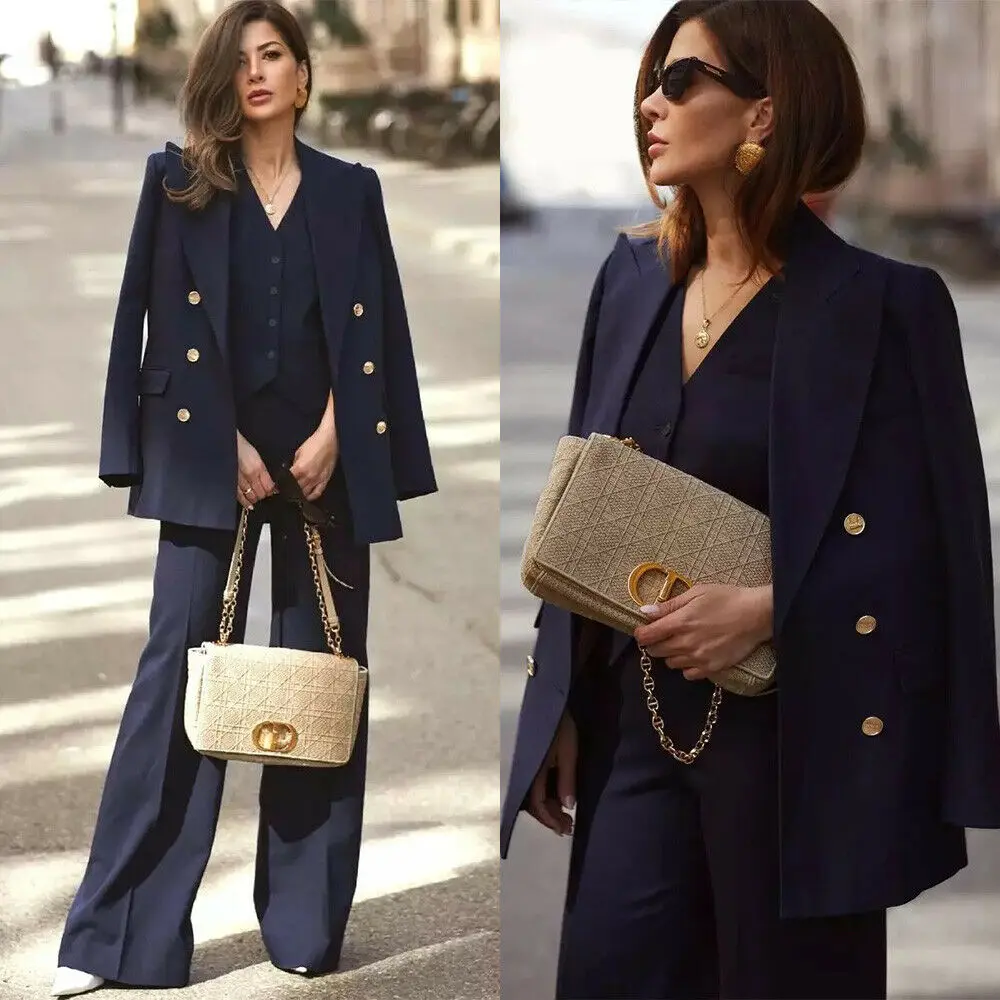 Women Suits 3 Piece Set（Jacket + Pants +Vest）Double Breasted Formal Metal Button Blazer Business Coat