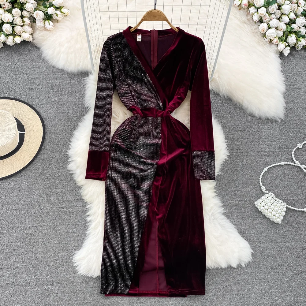 

2023 New Foamlina Autumn Winter Velvet Dress for Women Elegant Dot Patchwork Long Sleeve V-neck Slim Split Midi Party Dresses