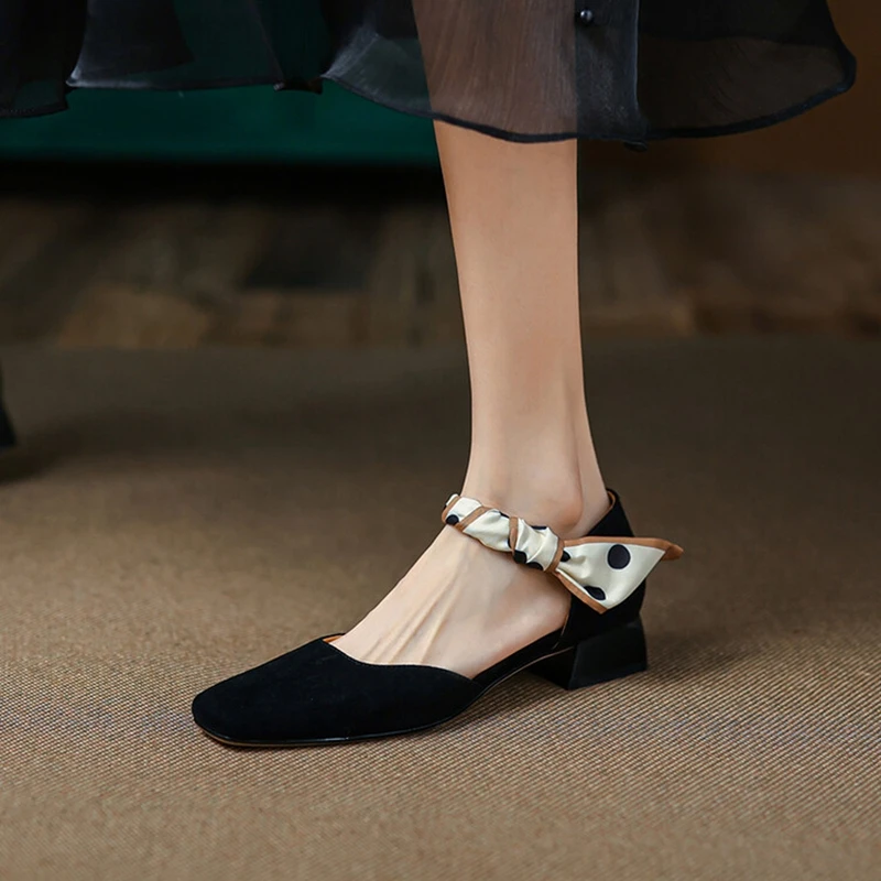 

2022 Summer Sandals Women Square Toe Chunky Heel Shoes Women Sheep Suede Cover Heel Shoes for Women Black Low Heel Chic Shoes