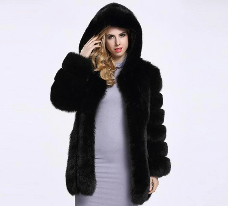 2022 Autumn Winter Coat Women's Fur One Fox Fur Stitching Imitation Fur Loose Long Coat Hooded Nine Quarter Sleeve Mink Fur Coat