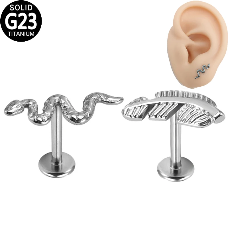 

G23 Titanium Lip Ring Labret Studs Snake Feather Top Internal Thread Helix Ear Tragus Cartilage Earrings Lip Studs Jewelry